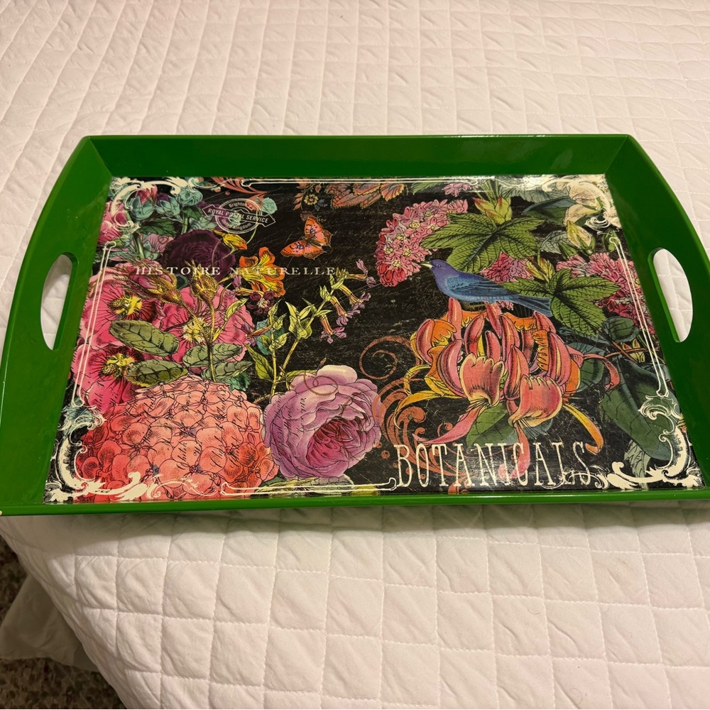 Michel Design works signed spring botanical green wooden 20" tray